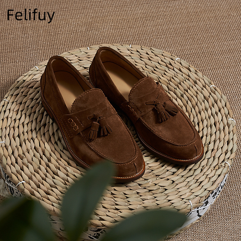 Suede Loafers Men - New Brown Men Flat Loafers Cow
