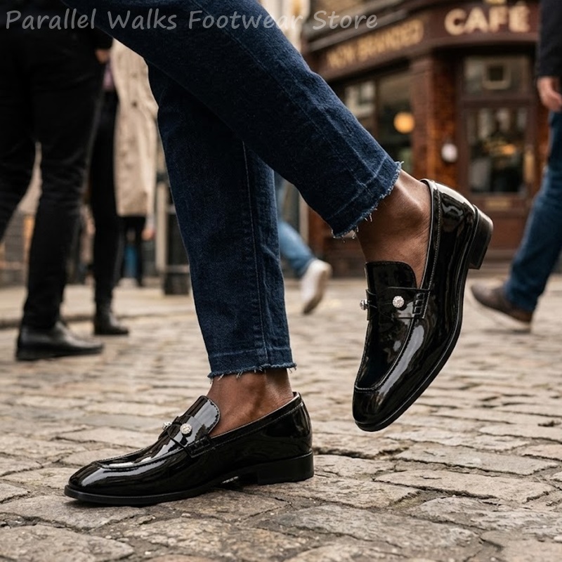 Suede Loafers Men - Men Black Patent Faux Suede Rhinestone