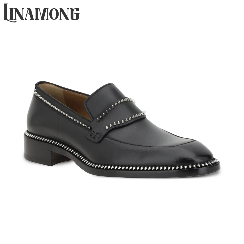 Suede Loafers Men - Black Spike Loafers Almond Toe Silver-Tone